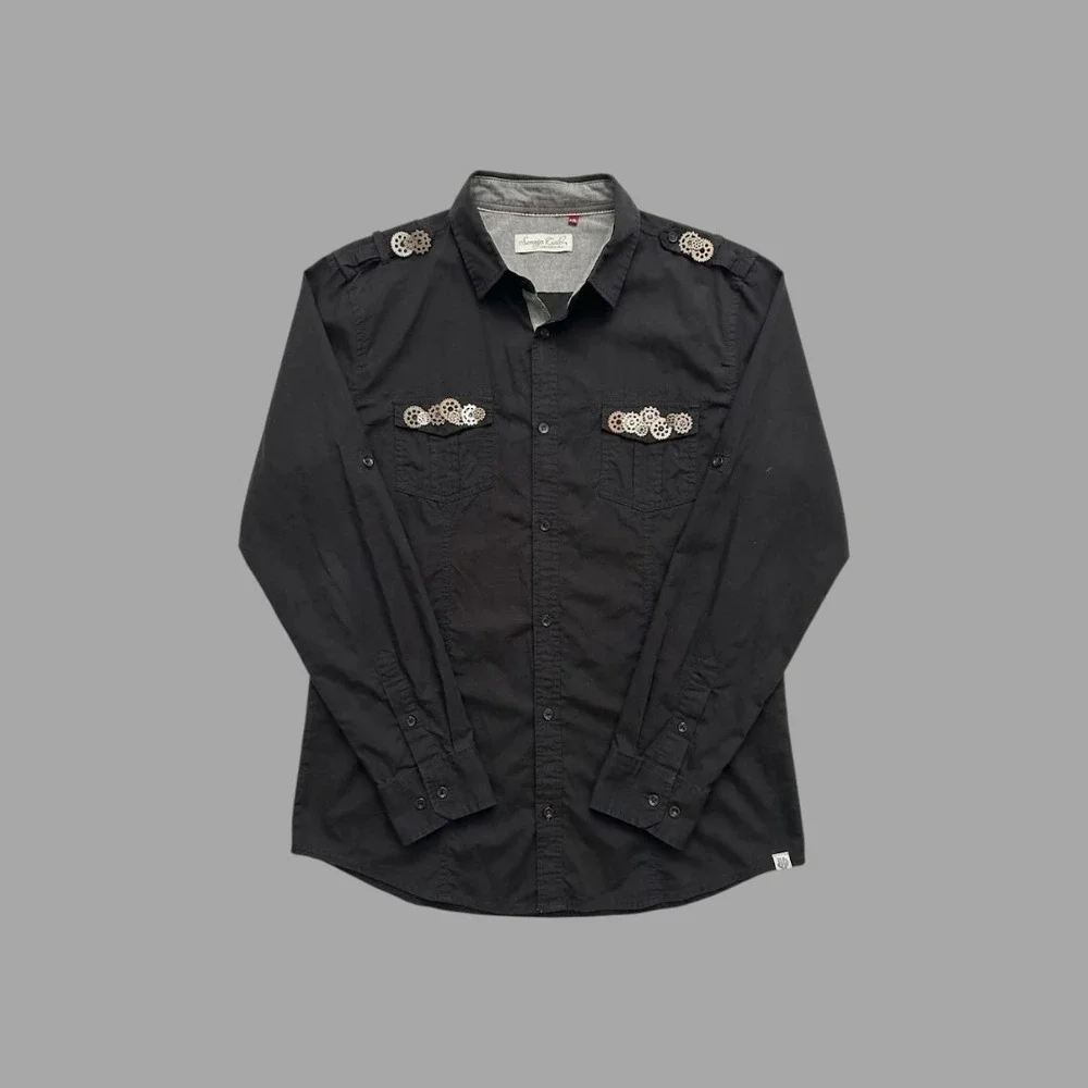 Black y2k Steampunk Gear Button Up Shirt Long Sleeve Cotton XLarge Alt Goth